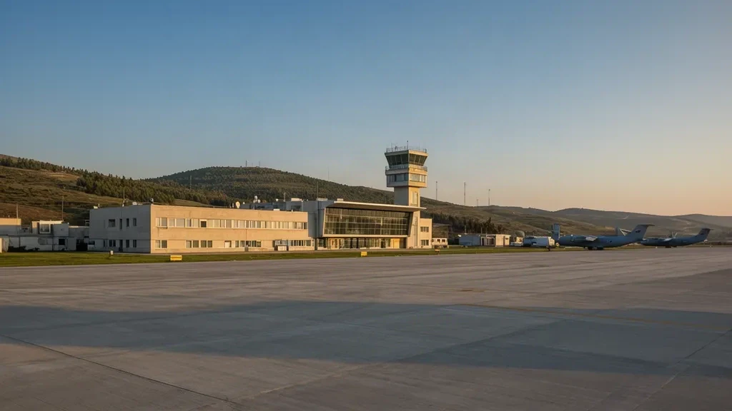 Exterior view of the terminal and control tower at Etimesgut Air Base ANK in Ankara, Turkey, with a concrete apron and clear sky.