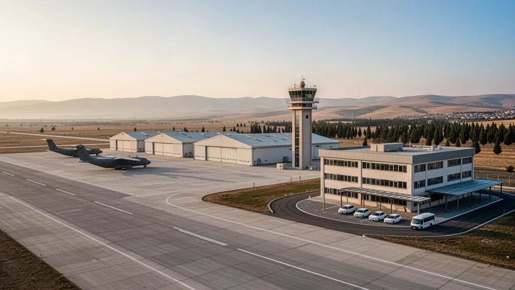 Weitwinkelansicht des Militärflugplatzes Etimesgut bei Ankara mit Start- und Landebahn, Hangars, Kontrollturm und Vorfeld zur goldenen Stunde