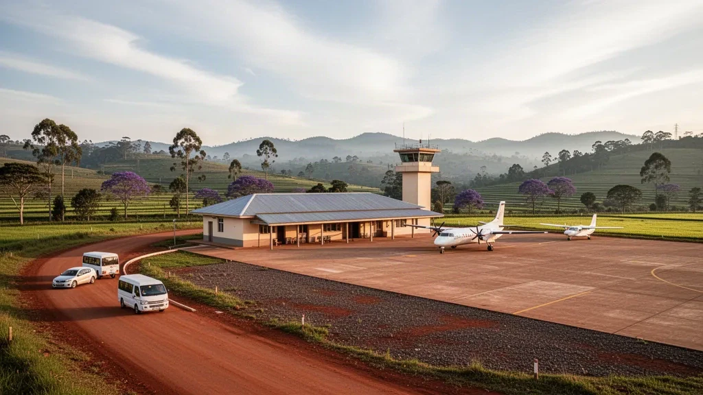 Pequeña terminal regional y plataforma de aeronaves en el Aeropuerto de Antsirabe, en las verdes tierras altas de Madagascar, a la hora dorada