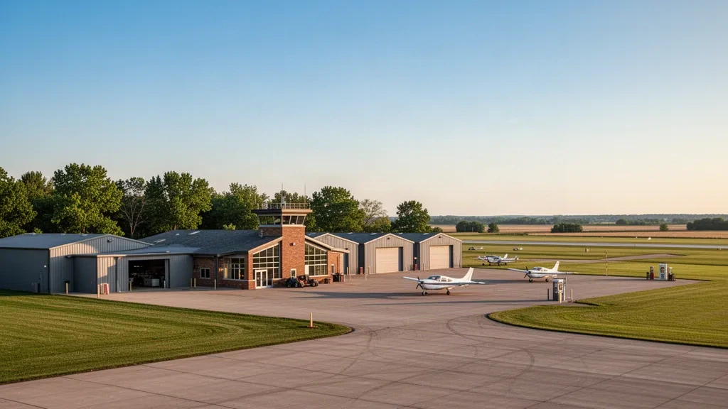 Small general aviation terminal, hangars and parked light aircraft on the ramp at Tri-State Steuben County Airport near Angola, Indiana