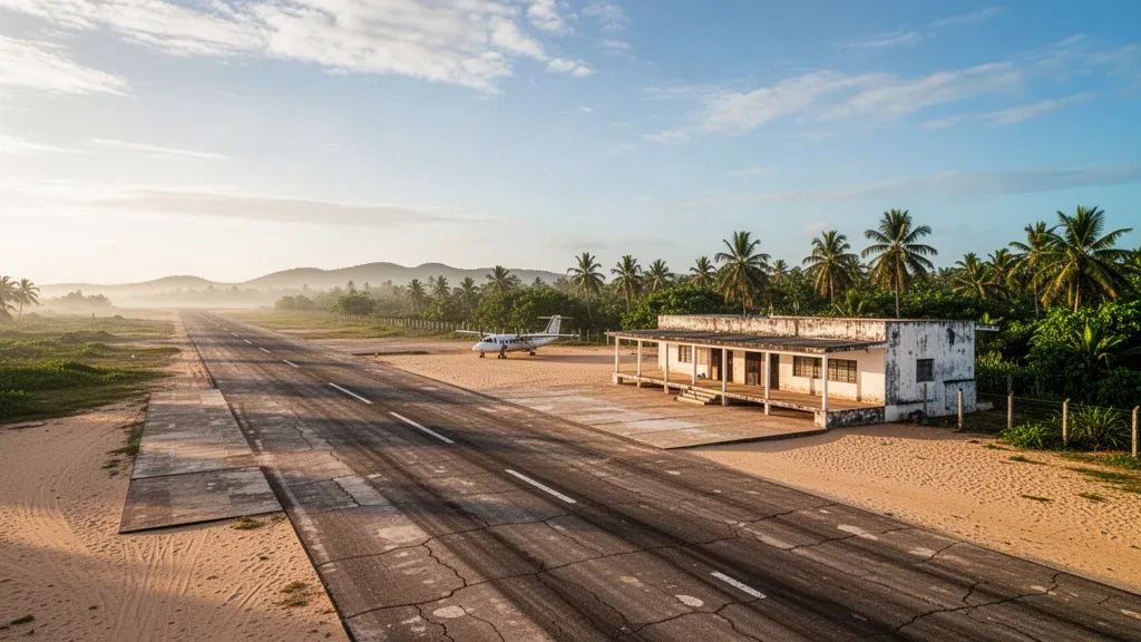 Piccolo terminal di aviosuperficie regionale e pista all'Aeroporto di Angoche nella Provincia di Nampula, Mozambico, in una calda luce costiera tropicale