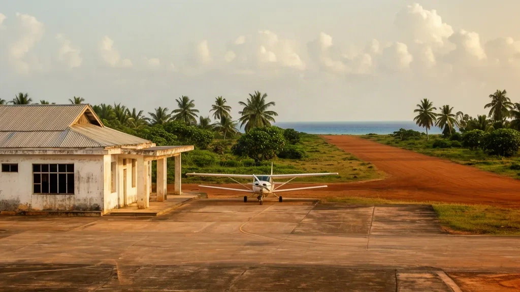 Mozambik'in Nampula Bölgesi'ndeki Angoche Havalimanı'nda tropikal palmiyelerle çevrili küçük badanalı terminal ve hafif bir uçağın bulunduğu apron