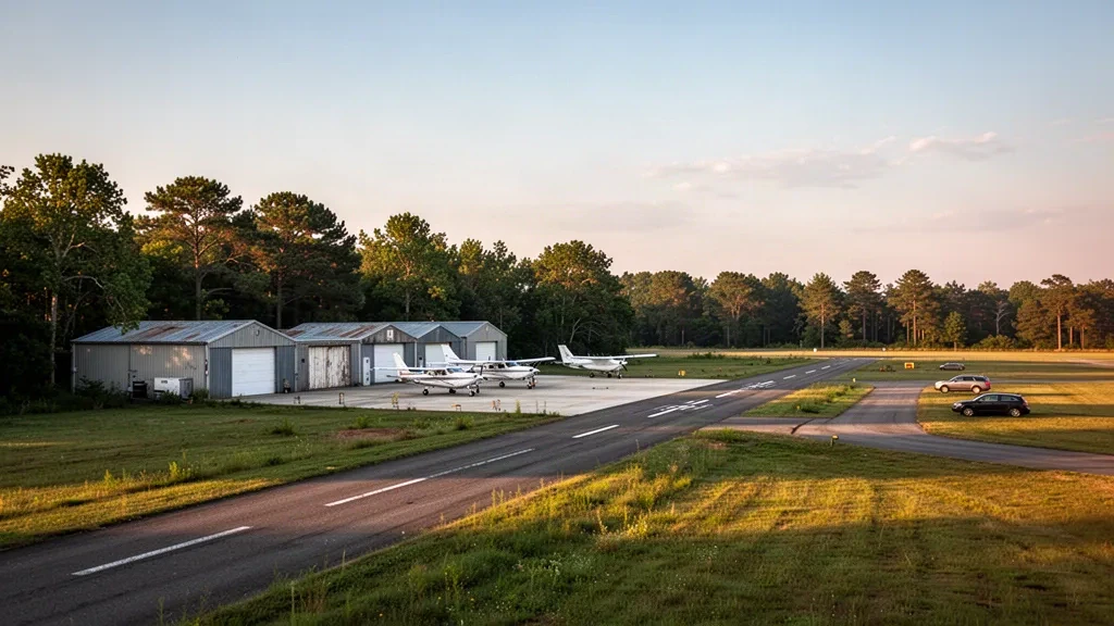 Aérodrome d'aviation générale à piste unique à l'aéroport Lee à Edgewater, Maryland, avec des hangars et de petits aéronefs dans une lumière dorée