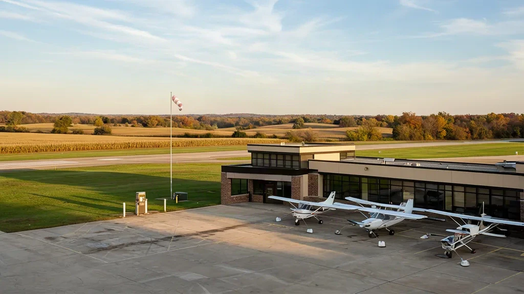 Aéronef monomoteur stationné sur le tarmac devant le terminal d'aviation générale de l'aéroport Tri-State Steuben County à Angola, Indiana