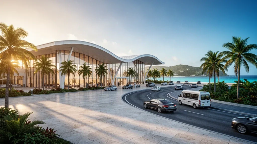 Esterno di un moderno terminal aeroportuale in vetro ad Antigua durante l'ora d'oro, con palme, corsie di sosta e la costa caraibica in lontananza