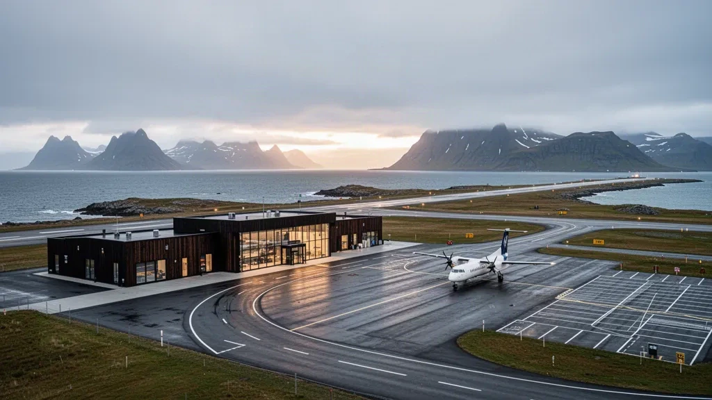 Terminal moderne et piste de l'aéroport d'Andøya à Andenes, en Norvège, entourés de montagnes côtières et de la lumière de la mer Arctique.