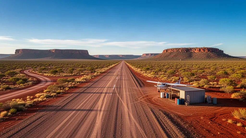 Remote outback gravel airstrip at Angus Downs Airport in the Northern Territory with red desert soil, scrub and a small parked aircraft under golden-hour light.
