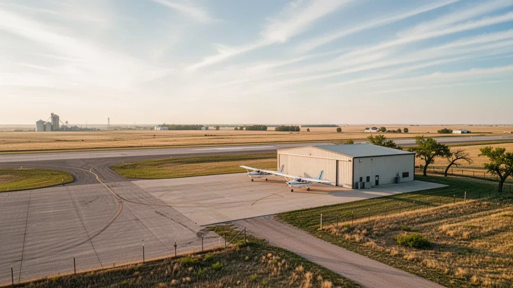 Piccolo campo di aviazione generale presso Anthony Municipal Airport in Kansas, con aeromobili leggeri parcheggiati vicino a un hangar accanto alla pista durante l'ora d'oro