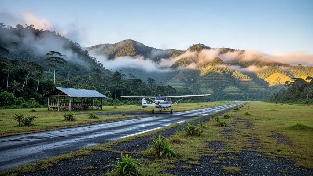 Small bush aircraft parked on the grass airstrip at Annanberg Airport in Papua New Guinea's misty highlands at sunrise