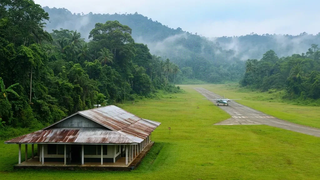 Small rural airstrip at Annanberg Airport (AOB) in Papua New Guinea, surrounded by tropical rainforest and green hills.