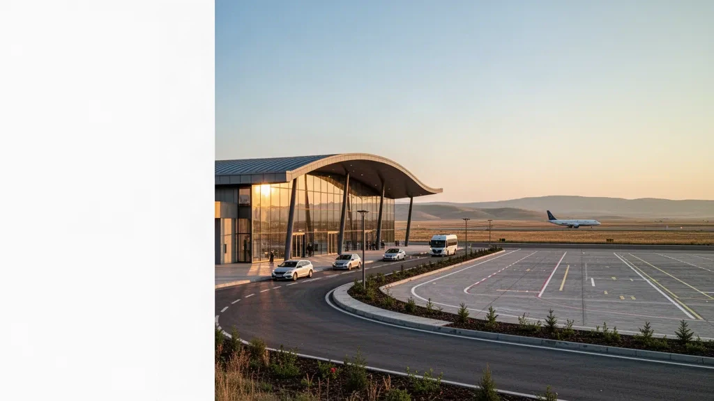 Modern glass terminal facade and drop-off lanes at Hasan Polatkan Airport in Eskişehir, lit by warm golden hour light