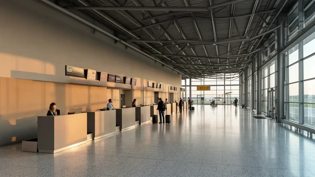 Vista interior de la sala de salidas de la terminal del aeropuerto de Leipzig–Altenburg con mostradores de facturación y luz natural