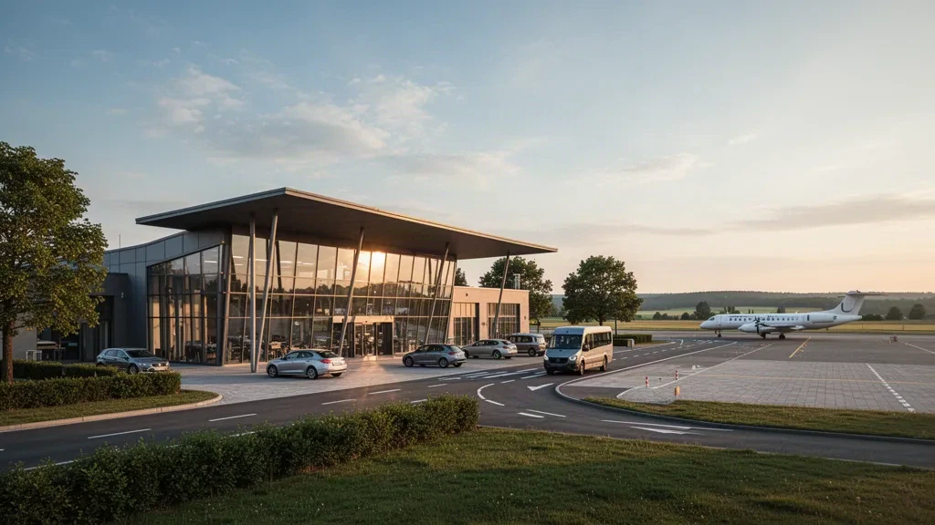 Nobitz, Almanya'daki Leipzig-Altenburg Havalimanı'nda sıcak altın saat ışığında modern cam terminal ve indirme ön avlusu.