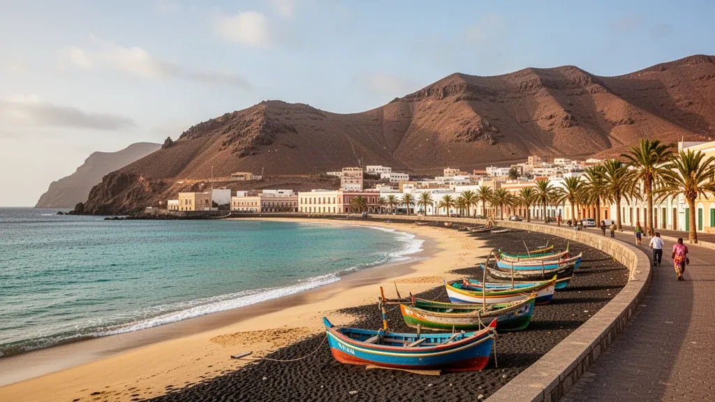 Plage dorée avec des bateaux de pêche colorés et un front de mer bordé de palmiers à Tarrafal, île de Santiago, Cap-Vert, adossé à des montagnes arides.