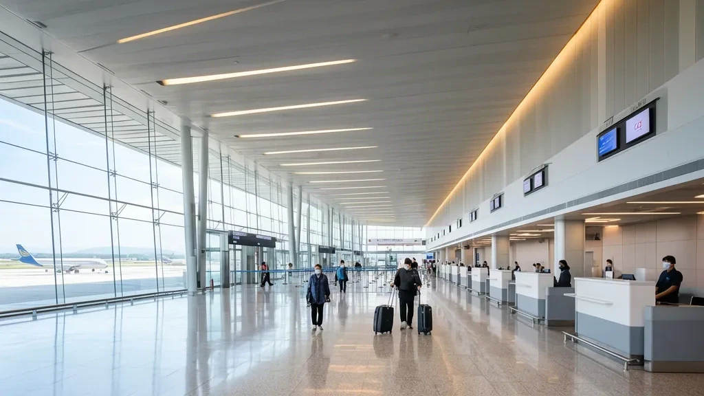 Viajeros caminando por la luminosa sala de salidas del Aeropuerto de Anshan Teng'ao en Liaoning, China