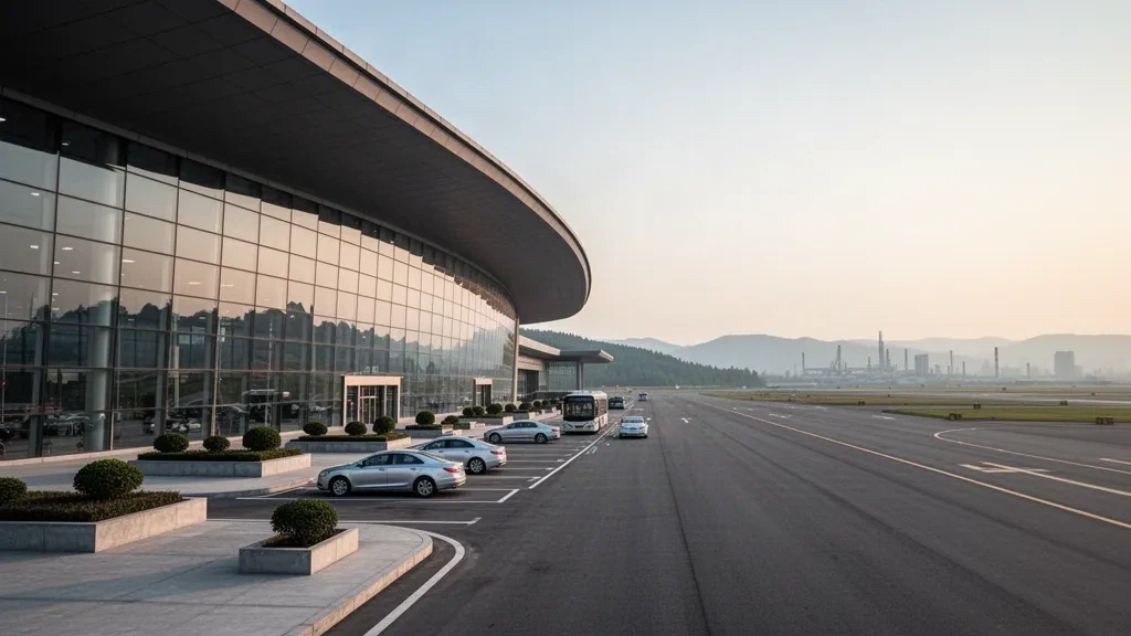 Facciata moderna del terminal in vetro e corsia di sosta per la riconsegna passeggeri all'Aeroporto di Anshan Teng'ao nel Liaoning, Cina, fotografati durante l'ora d'oro