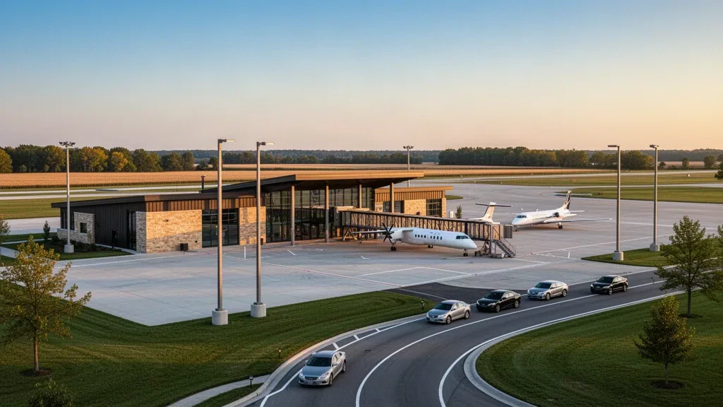 Vista durante la hora dorada del aeropuerto Lima Allen County en Ohio con una terminal moderna de cristal, aeronaves de cercanías estacionadas y una plataforma abierta