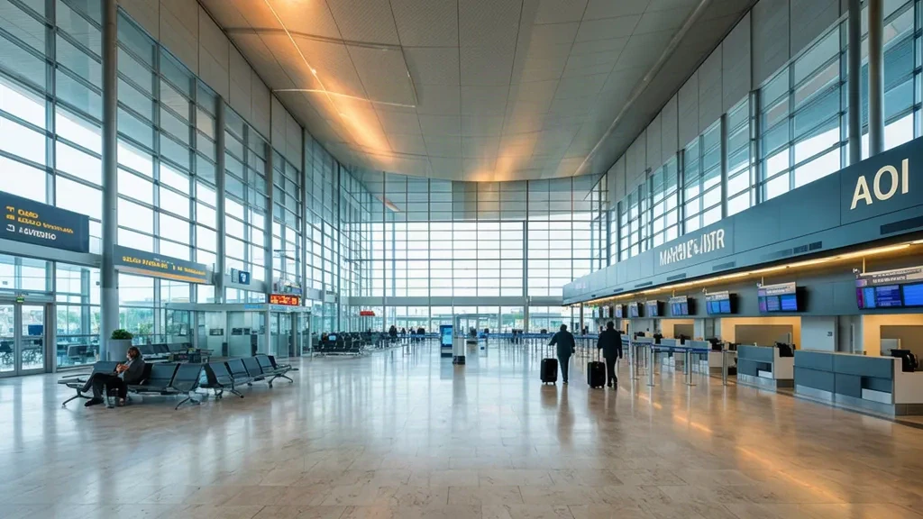 Innenansicht des Terminals des Flughafens Marken AOI in Ancona, Italien, mit einer hellen Abflughalle mit Glasfenstern und Reisenden.