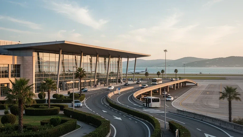 Terminal moderna de cristal y carriles curvos de acceso en el aeropuerto de Marche, cerca de Ancona, Italia, bañados por la cálida luz dorada del atardecer.