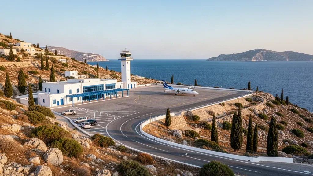 Karpathos Airport terminal and apron on the Aegean coast of Greece, with whitewashed buildings and a small airliner in warm Mediterranean light