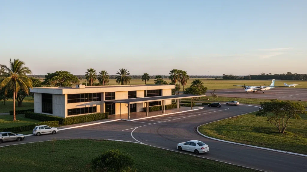Terminal moderno a un piano e area di sosta per la riconsegna all'Aeroporto di Paso de los Libres a Corrientes, Argentina, nella calda luce del tardo pomeriggio
