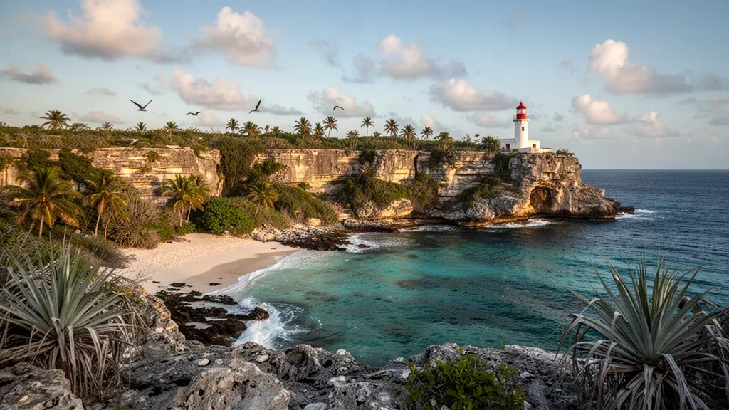Scogliera calcarea e faro che si affacciano sulle acque turchesi dei Caraibi a Cayman Brac, Isole Cayman