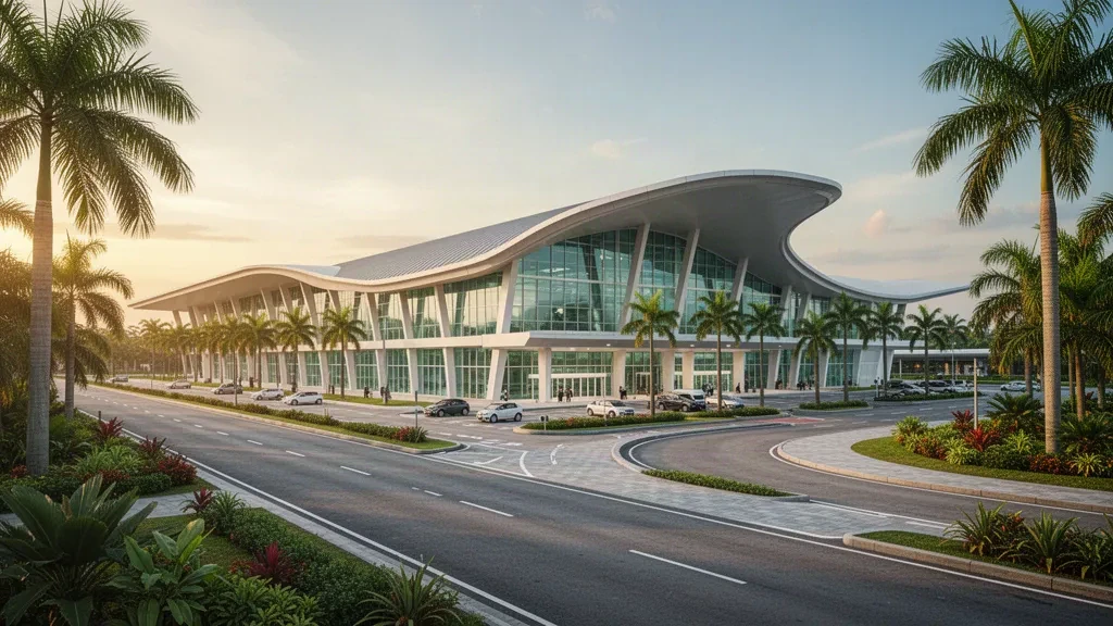 Exterior de la terminal del aeropuerto Sultan Abdul Halim AOR en Alor Setar, Kedah, Malasia, con jardinería tropical y luz diurna cálida.