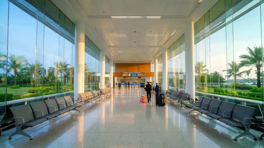 Intérieur lumineux du terminal de l'aéroport Sultan Abdul Halim à Alor Setar, Kedah, avec zone d'attente, parois vitrées, lumière tropicale et voyageurs.
