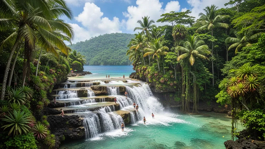 Dunn's River Falls cascading over terraced limestone rock into lush tropical rainforest near Ocho Rios, Jamaica