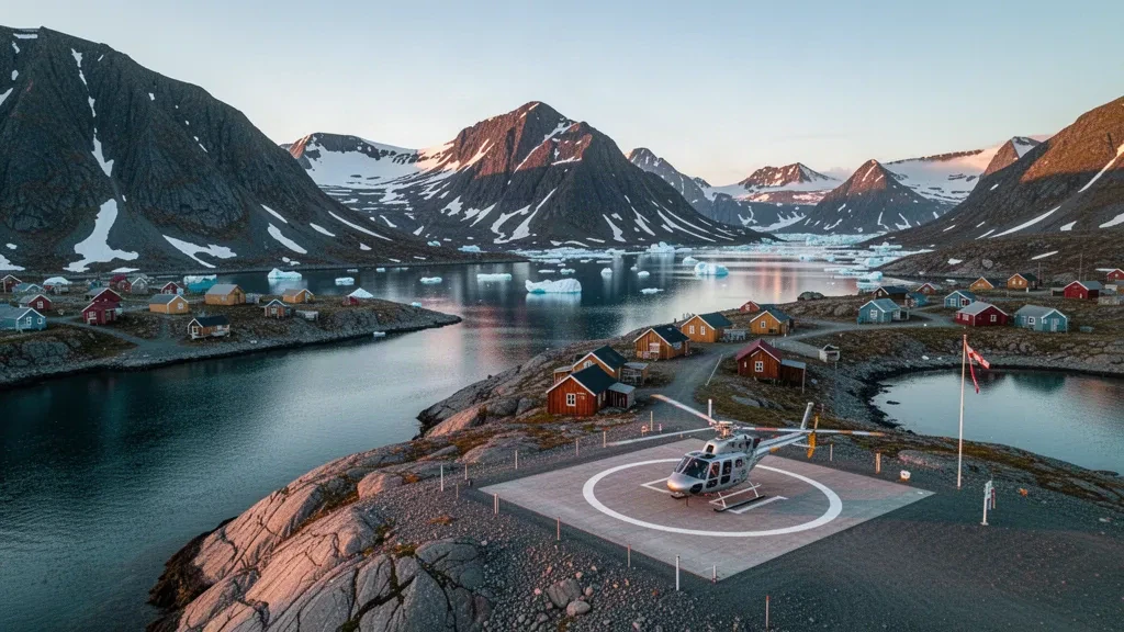 Vue aérienne de l'héliport d'Aappilattoq au Groenland, avec une aire d'atterrissage en gravier, un hélicoptère, l'eau du fjord et de petites maisons colorées du village à l'heure dorée.