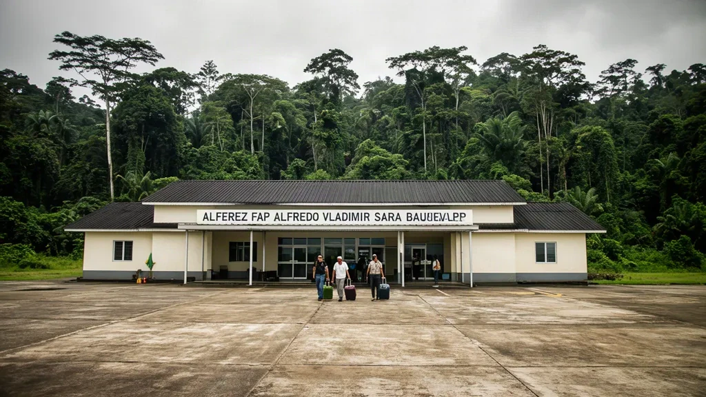 Edificio terminal del Aeropuerto Alférez FAP Alfredo Vladimir Sara Bauer (AOP) en Andoas, Perú, rodeado de selva amazónica.