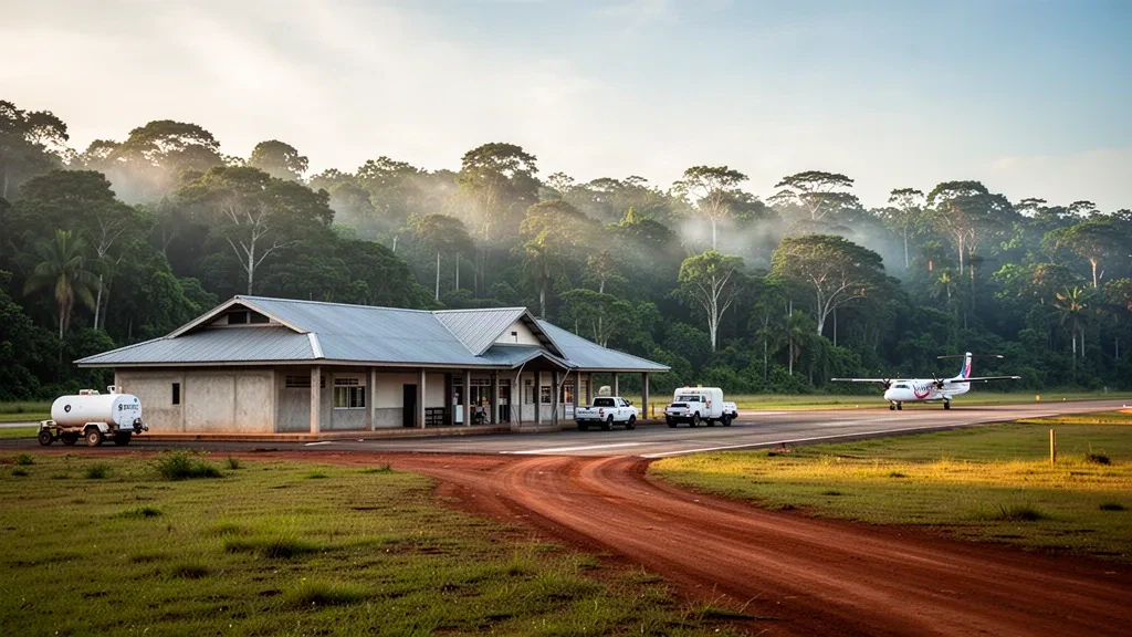 Petit terminal aéroportuaire et piste dans la forêt amazonienne à Andoas, au Pérou, entourés d'une jungle verte et dense sous une douce lumière tropicale.