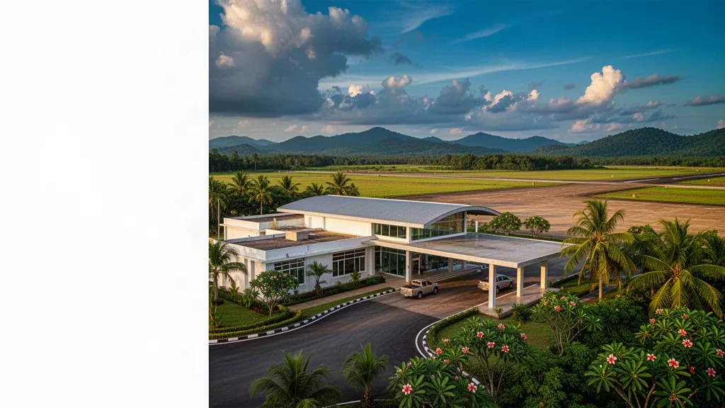 Edificio terminal bajo de cristal y blanco del aeropuerto de Attapeu, en el sur de Laos, rodeado de vegetación tropical durante la hora dorada