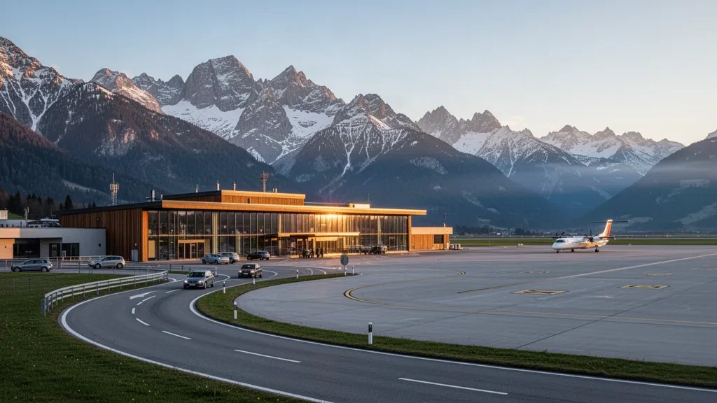 Terminal de poca altura de cristal y madera en el aeropuerto Aosta Corrado Gex con picos alpinos cubiertos de nieve detrás de la plataforma a la hora dorada.