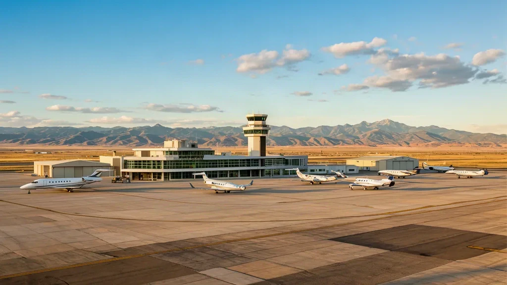 Veduta esterna del terminal e della torre di controllo dell'aeroporto di Centennial APA con aeromobili di aviazione generale sul piazzale in Colorado.