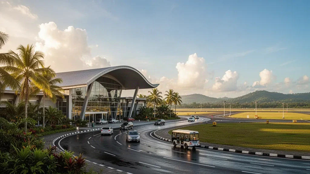 Extérieur moderne d'un terminal tropical à l'aéroport Arung Palakka à Bone, Sulawesi du Sud, avec des palmiers et une voie de dépose dans la lumière dorée du matin.