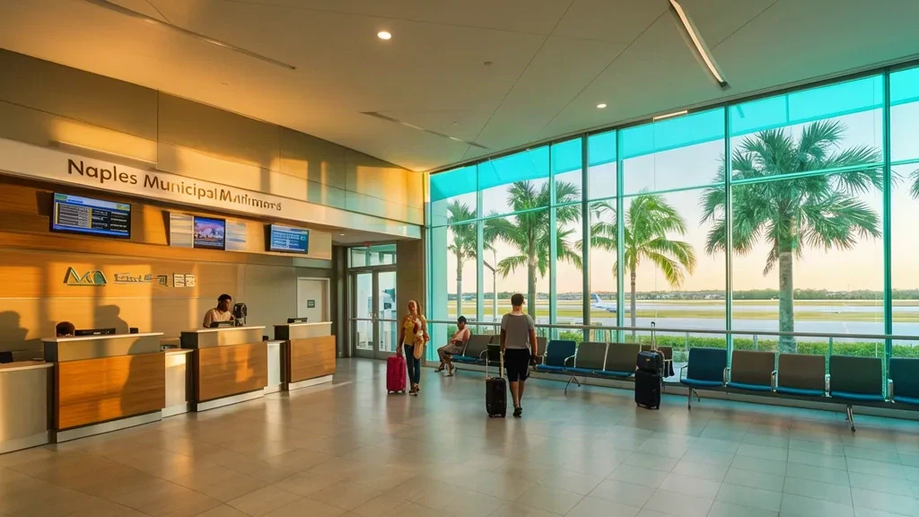 Innenraum des Terminals des Naples Municipal Airport in Florida mit Check-in-Bereich, großen Fenstern und Reisenden bei hellem Tageslicht.
