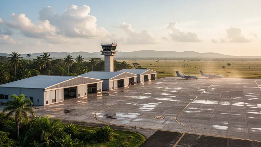Modern hangars, control tower and open apron at Apiay Air Base near Villavicencio, Colombia, in warm tropical light