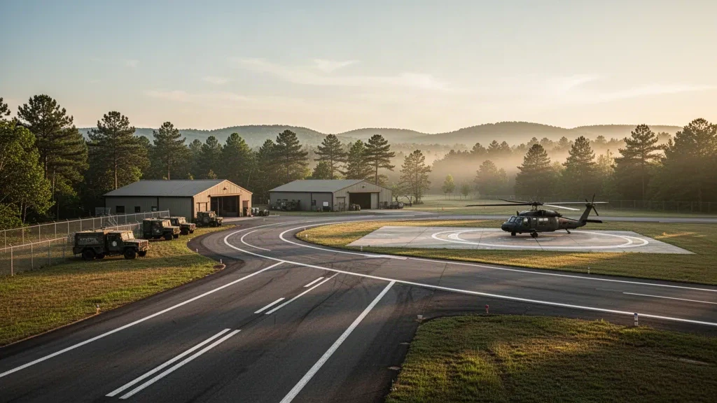 Aeródromo militar rural de Virginia en el aeropuerto Mary Walker LZ con pista de asfalto, zona de aterrizaje, helicóptero estacionado y luz de hora dorada