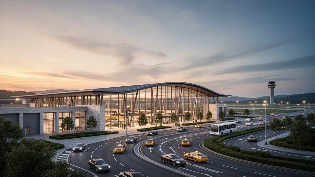 Außenansicht eines modernen Flughafenterminals aus Glas mit Vorfahrtsbereichen am Flughafen Ali Pulan im warmen Licht der goldenen Stunde