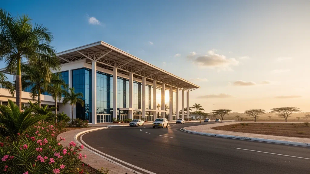 Extérieur moderne d'un terminal en verre à l'aéroport de Nampula au Mozambique avec des palmiers et une voie de dépose à l'heure dorée