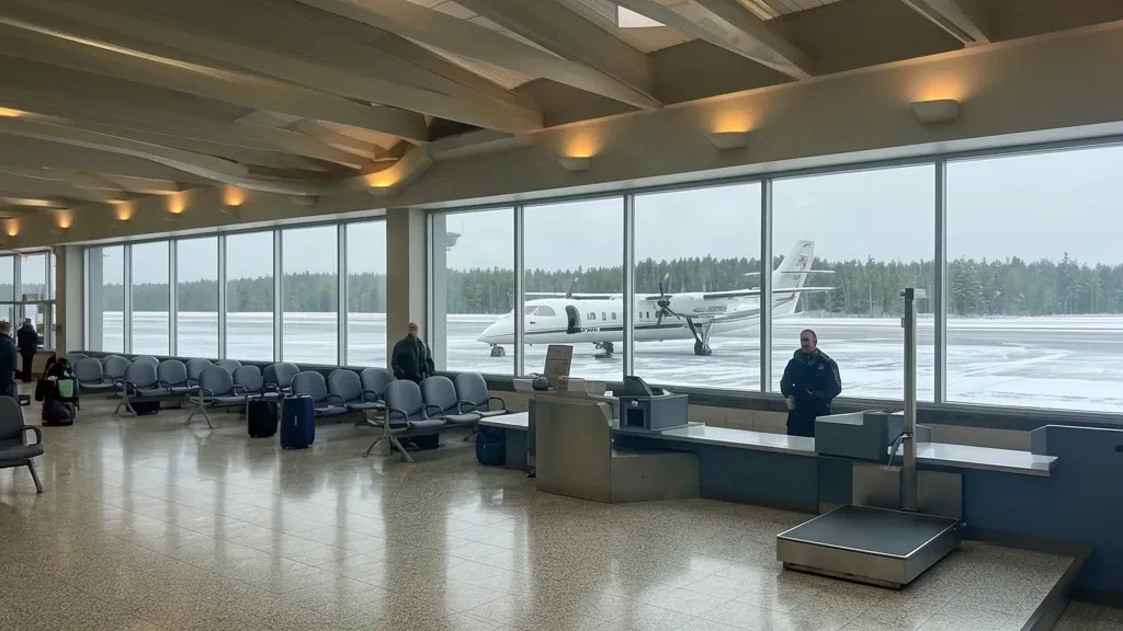 Interior of Alpena County Regional Airport terminal in Michigan with check-in counters and runway views through large windows