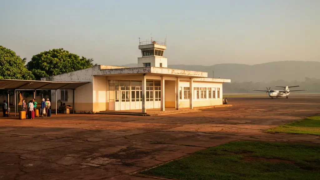 Kuzey Mozambik'te sıcak geç öğleden sonra tropikal ışığı altında alçak katlı Nampula Havalimanı terminal binası ve pisti