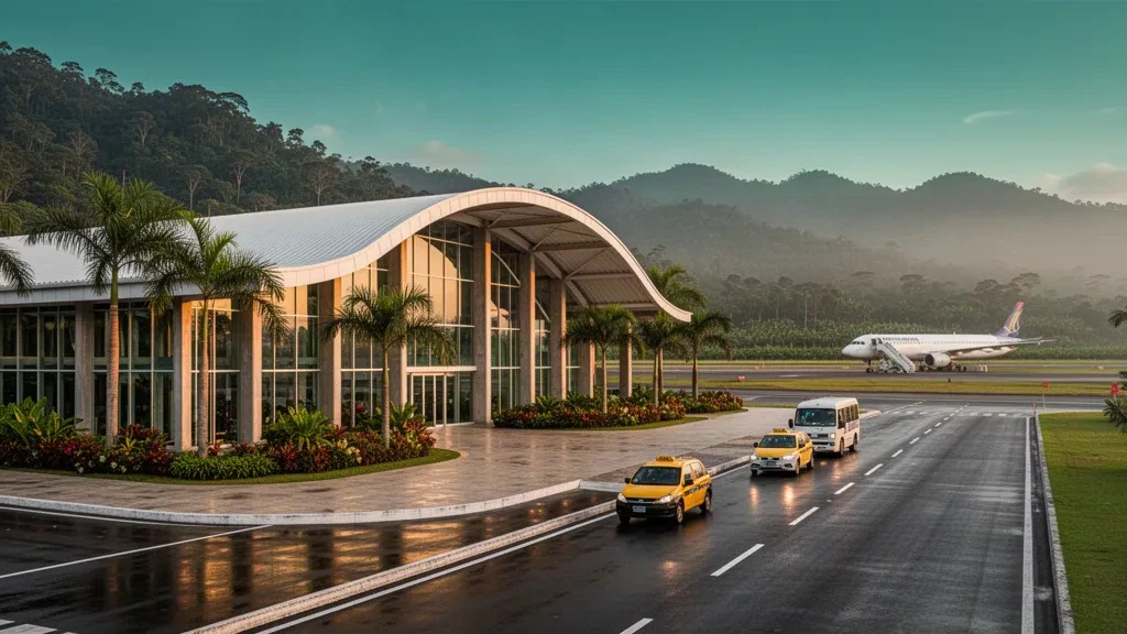 Terminal moderne en verre et entrée tropicale paysagère à l'aéroport Antonio Roldán Betancur à Apartadó, Colombie, dans une lumière chaude d'heure dorée