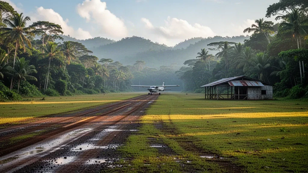 Pista tropicale remota all'aeroporto di April River in Papua Nuova Guinea, circondata da una fitta foresta pluviale con un piccolo aereo a elica sulla pista