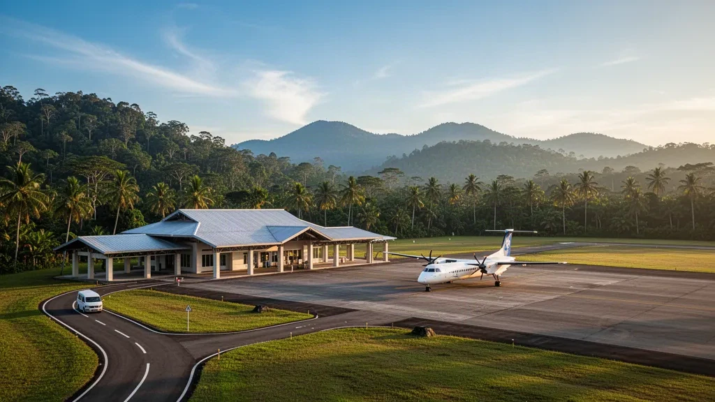 Aéroport régional tropical à l'aéroport d'Asapa avec un petit terminal, des avions à turbopropulseur stationnés et des crêtes de forêt tropicale dans une lumière dorée d'après-midi