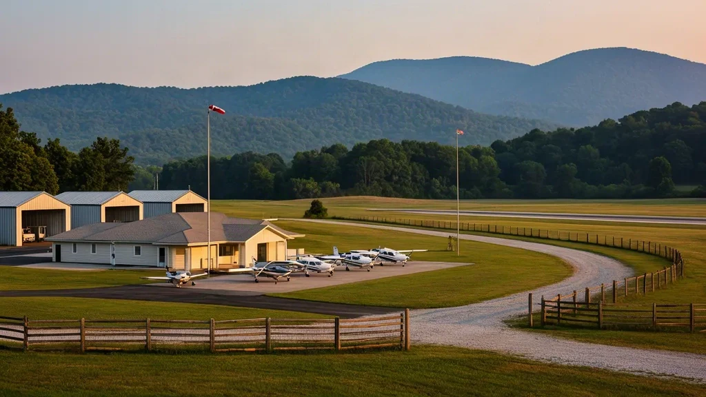 Jasper, Tennessee'deki Marion County Airport-Brown Field'da ağaçlı tepelerle çevrili genel havacılık apronu ve alçak terminal binaları