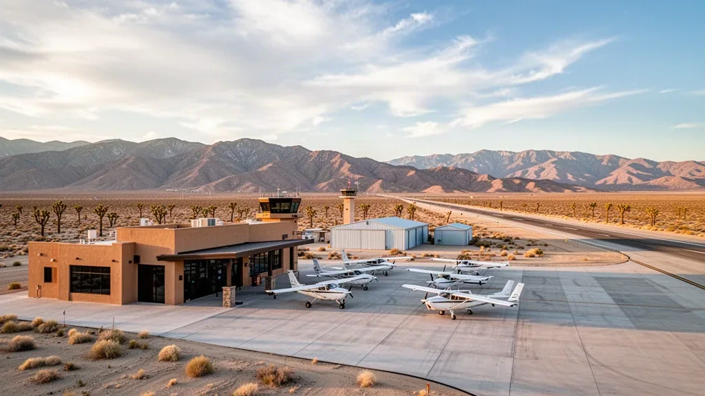 Blick zur goldenen Stunde auf das Wüstenterminal, das Vorfeld und die Hangars des Flughafens Apple Valley mit Leichtflugzeugen und den Mojave-Bergen im Hintergrund