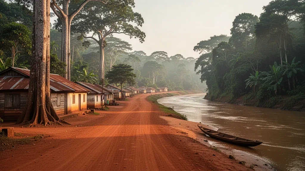 Unbefestigte Straße und Holzbauten von Nola, Sangha-Mbaéré, am Rand des Regenwalds der Zentralafrikanischen Republik