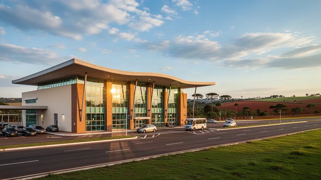 Terminal moderne et voies de dépose à l'aéroport Capitão João Busse à Apucarana, Paraná, sous une lumière chaude de fin d'après-midi.